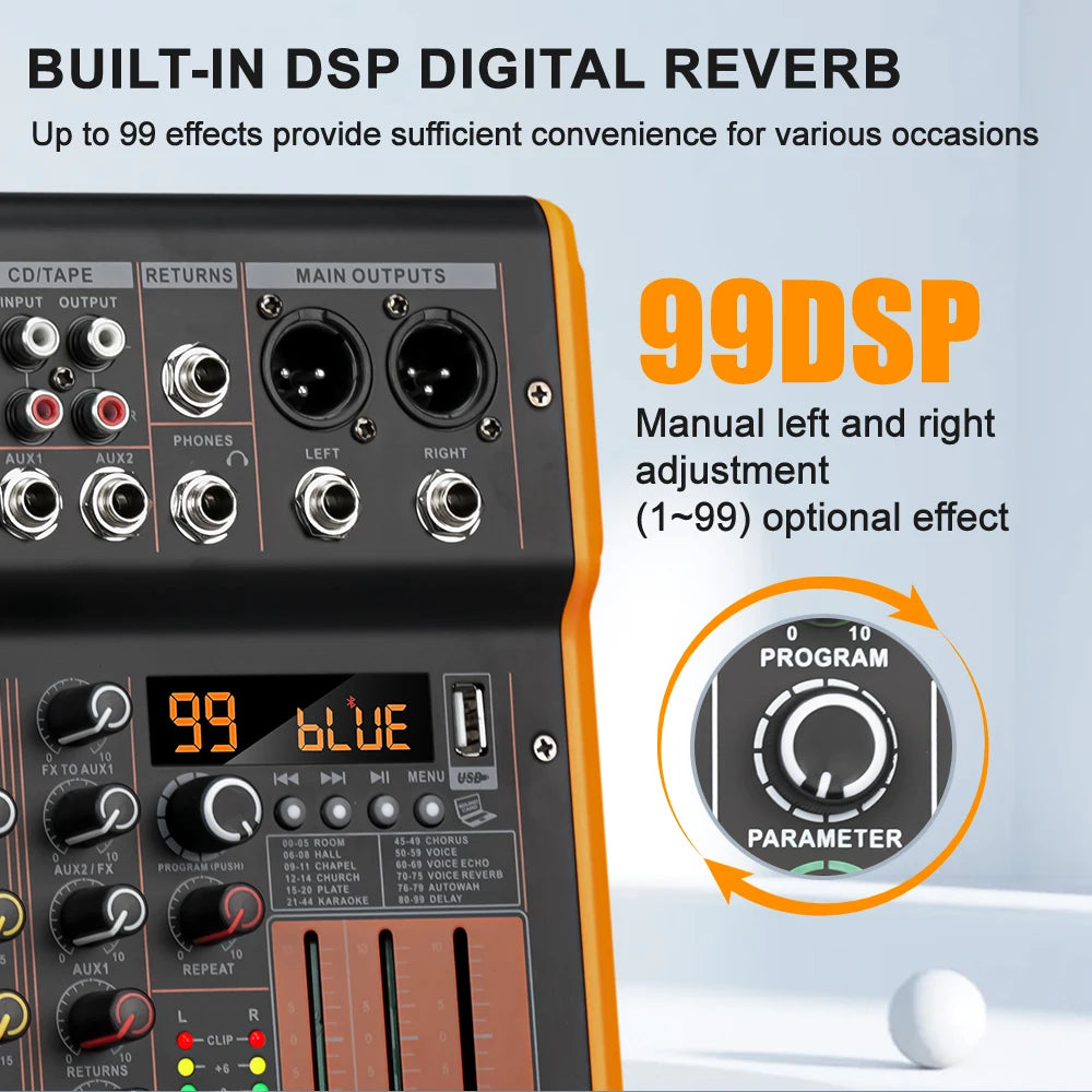 LEUS BL4/6 Channel 99 DSP Effect Audio Mixer Record PC 48V Phantom Power USB Sound Mixers Bluetooth DJ Console Mixing for Karaok