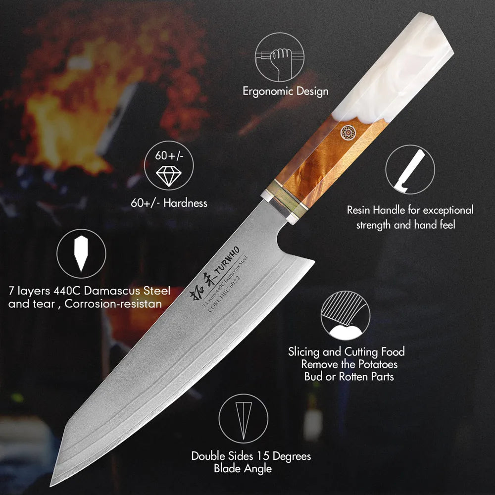 TURWHO 8" Japanese Kiritsuke Knife 7 Layer 440C Damascus Steel Hand Forged Meat Cleaver Kitchen Chef Knives Sharp Cooking Tools