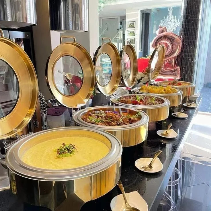 6l Restaurant Round Gold Roll Top Hydraulic Chafing Dishes Buffet Hotel Food Warmer Food Heater for Catering