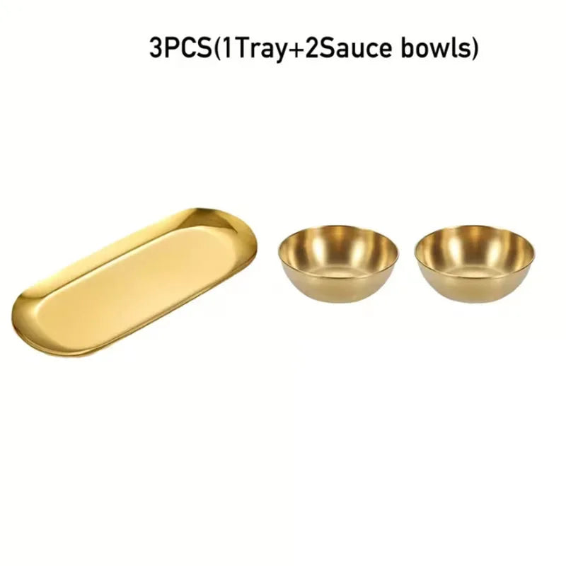3/6/9/12pcs Golden Sauce Bowl Serving Tray Set Stainless Steel Seasoning Cup Sushi Dipping Bowl Serving Tray Snack Dish Plate