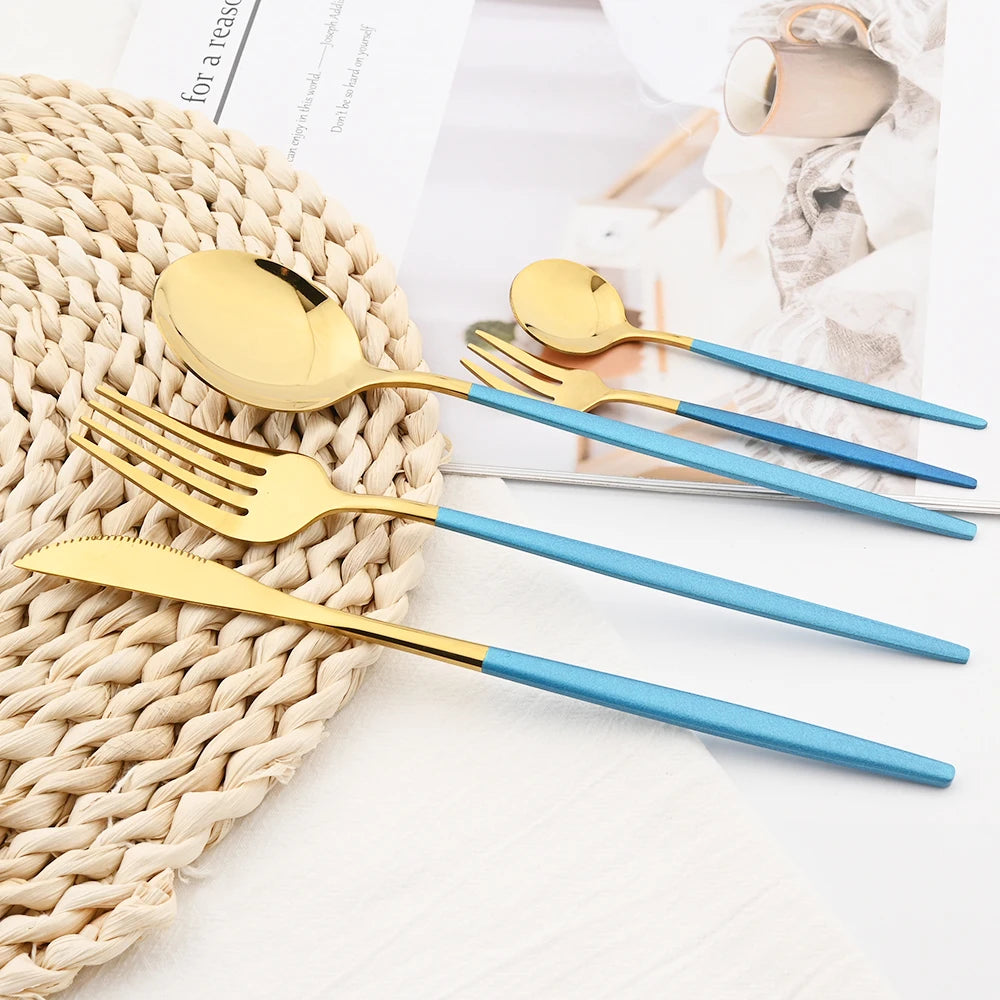 30Pcs White Gold Cutlery Set Stainless Steel Tableware Knife Cake Fork Spoon Dinnerware Set Kitchen Flatware Silverware