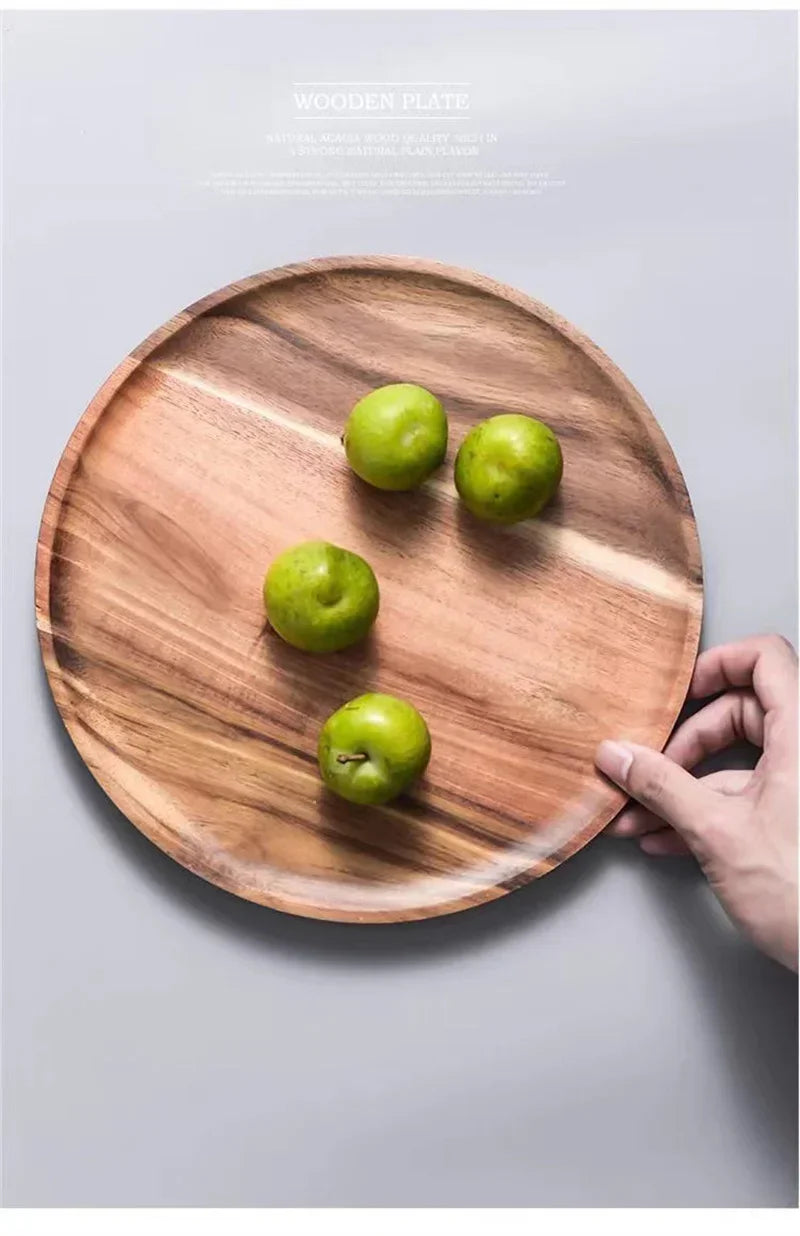 15/20/25cm Wooden Round Serving Platter Tray Retro Wood Pizza Salad Plate Fruit Dessert Tray Bread Cake Container Snacks Dish