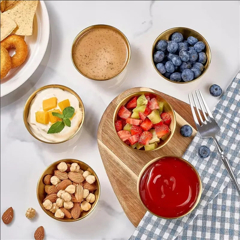 3/6/9/12pcs Golden Sauce Bowl Serving Tray Set Stainless Steel Seasoning Cup Sushi Dipping Bowl Serving Tray Snack Dish Plate