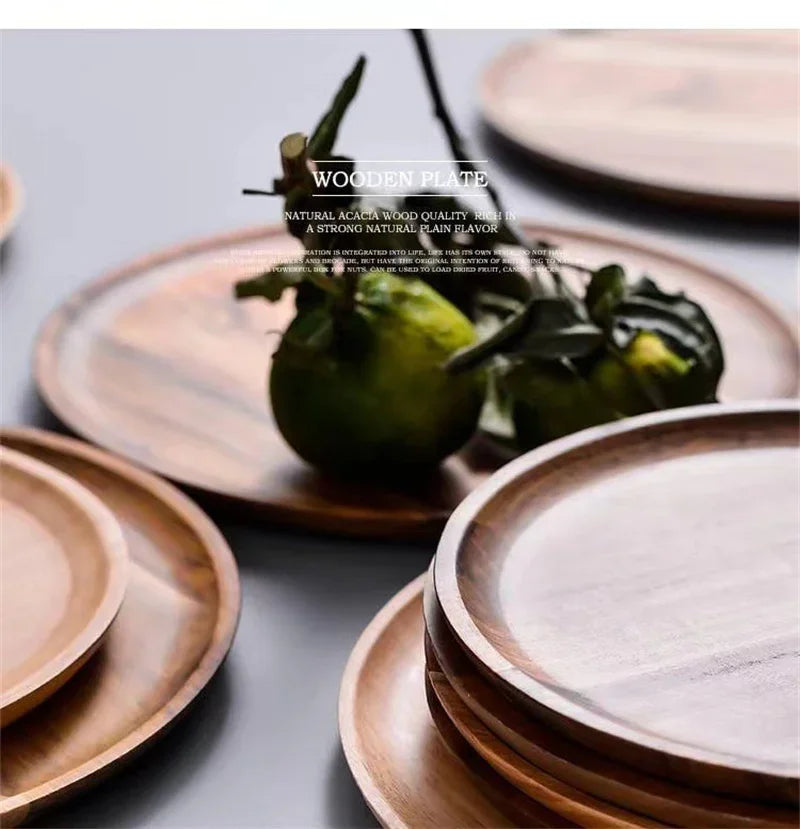 15/20/25cm Wooden Round Serving Platter Tray Retro Wood Pizza Salad Plate Fruit Dessert Tray Bread Cake Container Snacks Dish