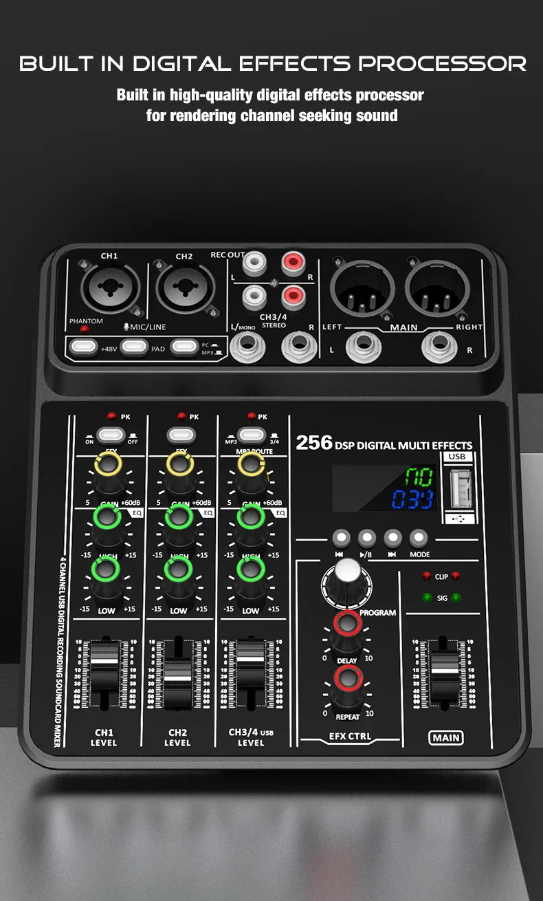 Audio Interface Mixer with Bluetooth USB Recording Computer 48V Phantom Power Delay Replay Effects, 4-Channel Audio Mixer ﻿