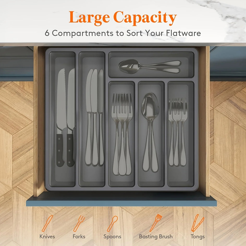 Silverware Organizer with Lid, Covered Utensil Tray for Kitchen Drawer and Countertop, Plastic Cutlery and Flatware Storage Box