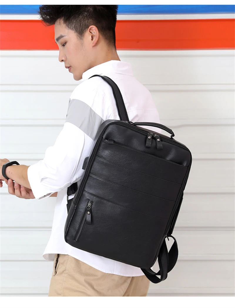 Business Backpacks For Men Waterproof PU Leather Laptop Bag Large Capacity USB Charging Rucksack Male Fashion Travel Bagpack sac