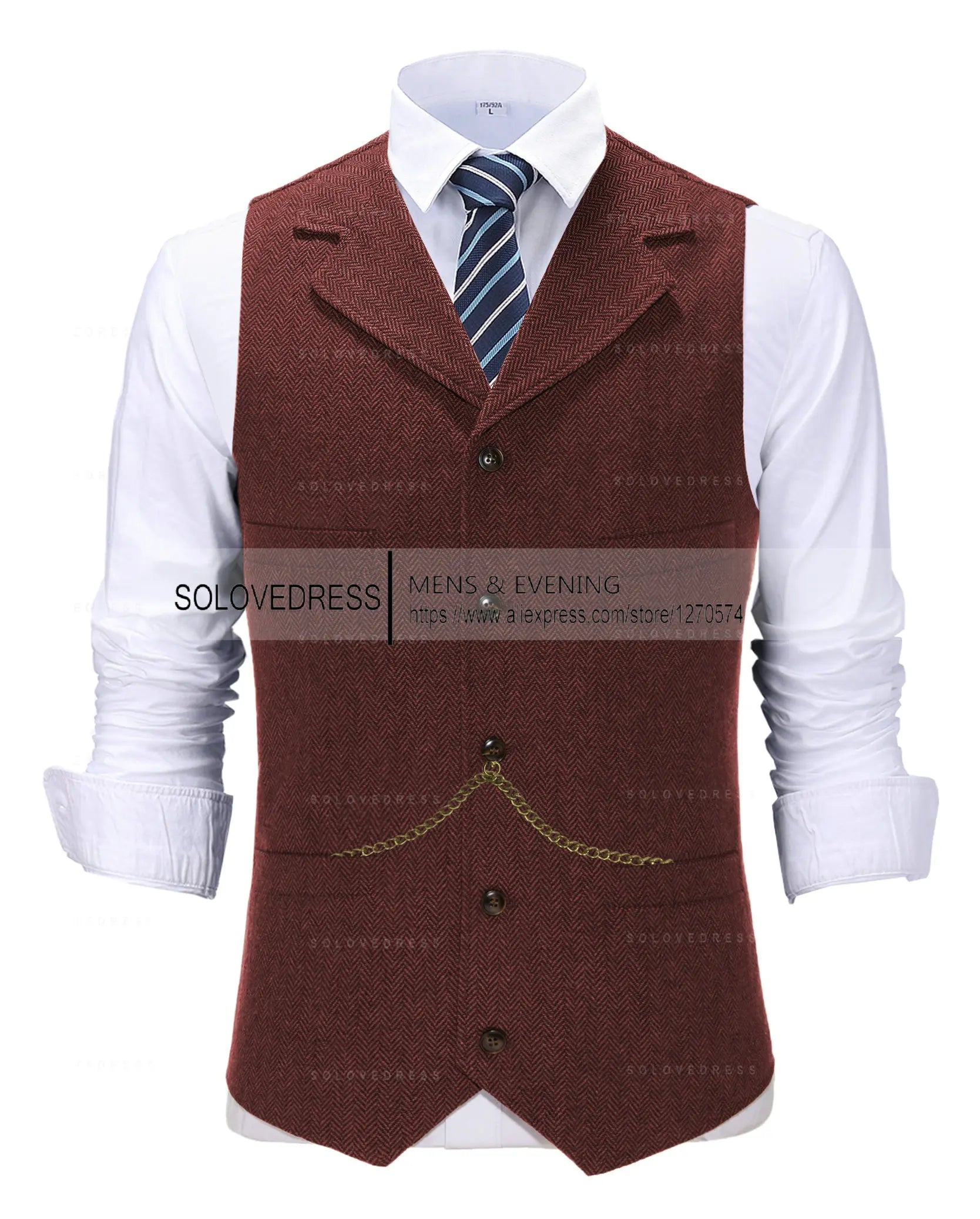 Business Mens Suit Vest Lapel V Neck Wool Herringbone Casual Brown Waistcoat Casual Formal Groomsman Jacket For Wedding