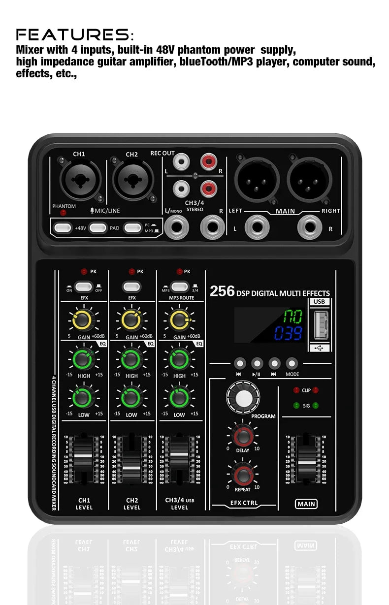 Audio Interface Mixer with Bluetooth USB Recording Computer 48V Phantom Power Delay Replay Effects, 4-Channel Audio Mixer ﻿