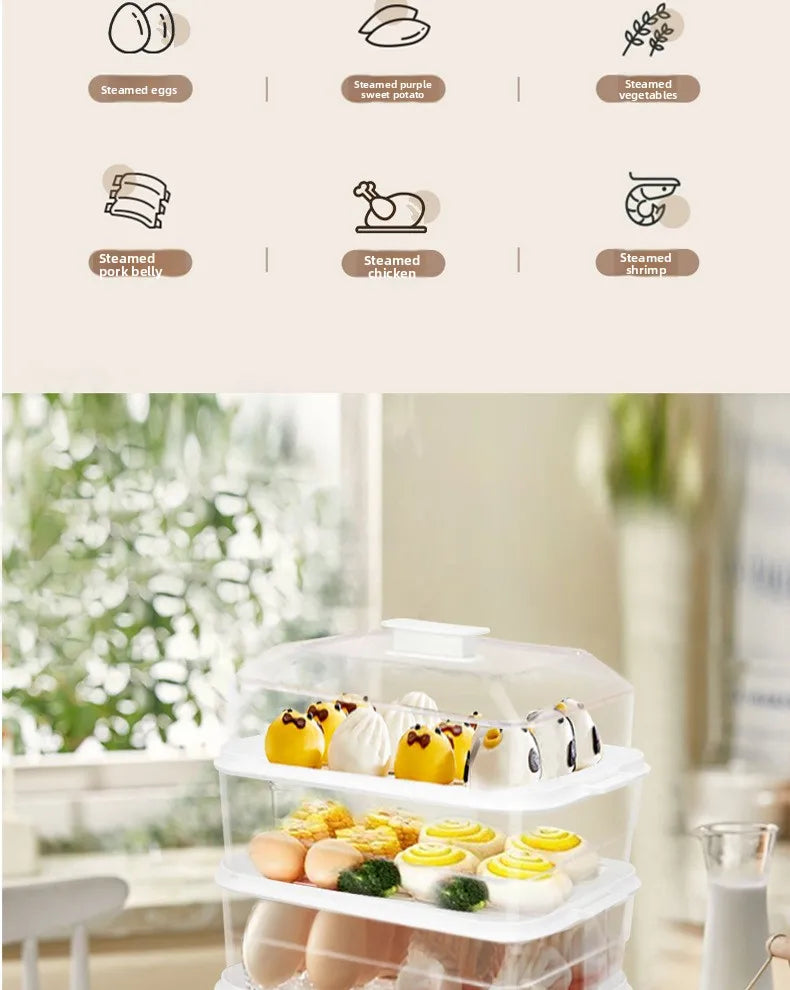 Electric Steamer Multi-Functional Three-Layer Breakfast Maker with Large Capacity, Keep Warm, Pre-Set Timer