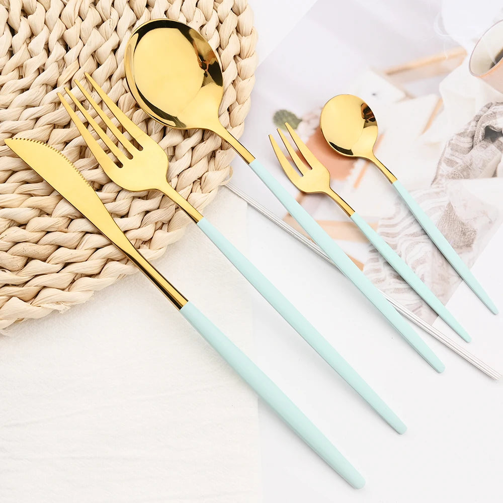 30Pcs White Gold Cutlery Set Stainless Steel Tableware Knife Cake Fork Spoon Dinnerware Set Kitchen Flatware Silverware