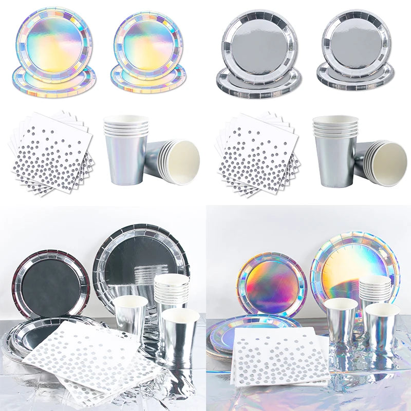Silver Disposable Tableware DIY Cups Plates Napkins Tablecloth Birthday Party Adult Wedding Baby Shower Decorations Supplies