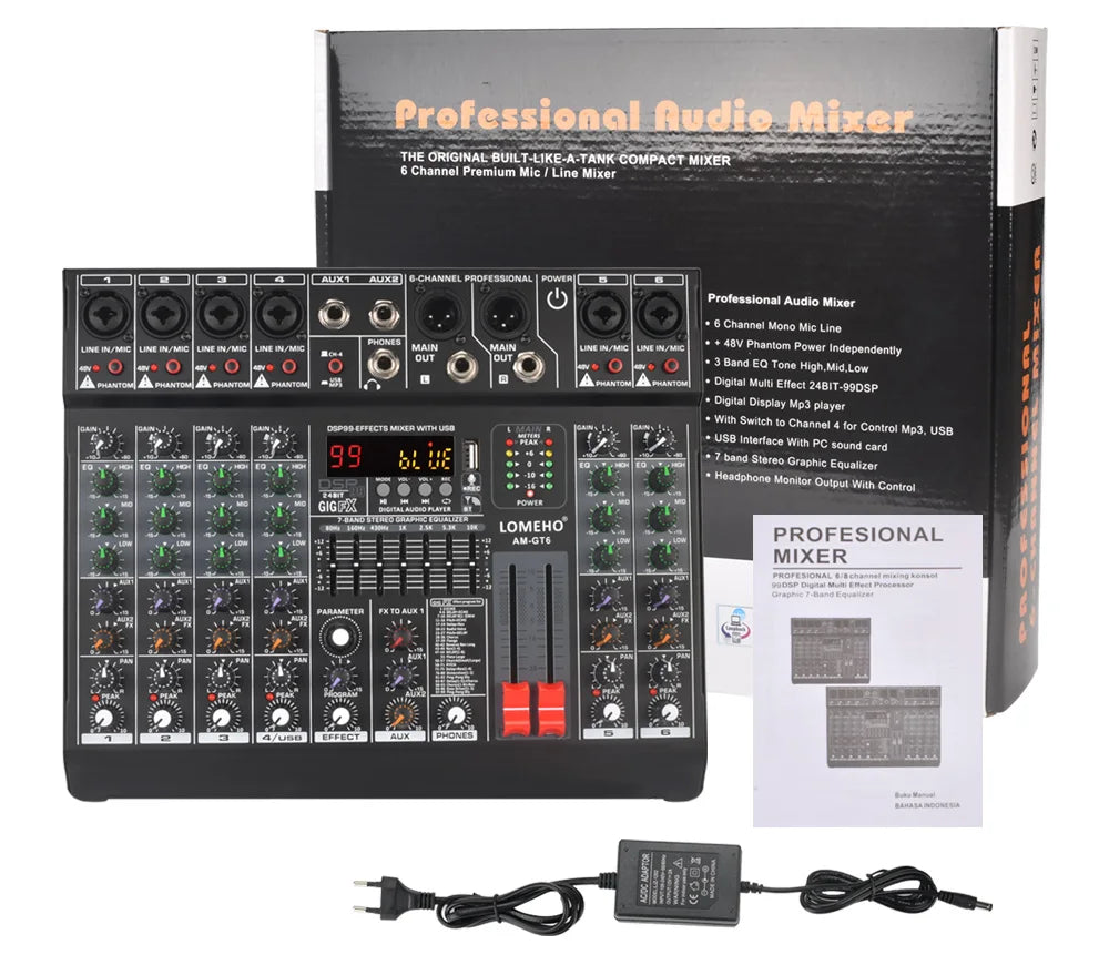 LOMEHO 7 Band EQ Audio Sound Mixer Table 6/8 Channel Mixing DJ Console with USB 2 AUX Output Individual 48V 99 Effect  AM-GT6/8