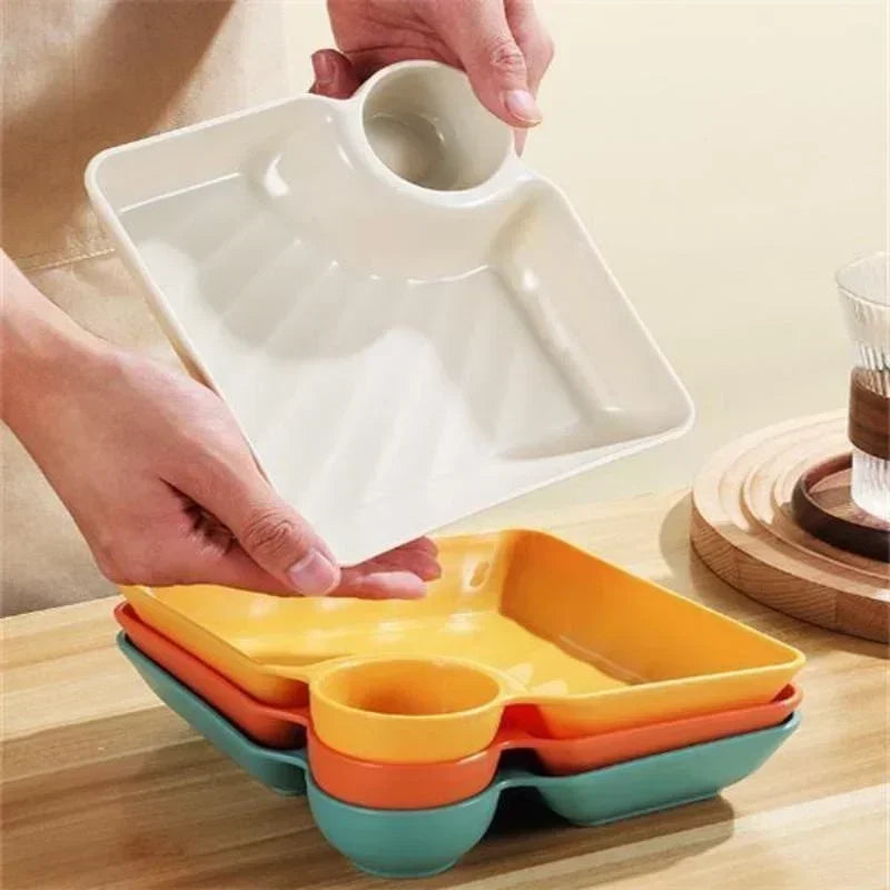 4pcs Easter Themed Chips & Dip Plates, Plastic Dumpling Serving Platter with Dipping Cup, Divided Snack Dishes for Appetizer