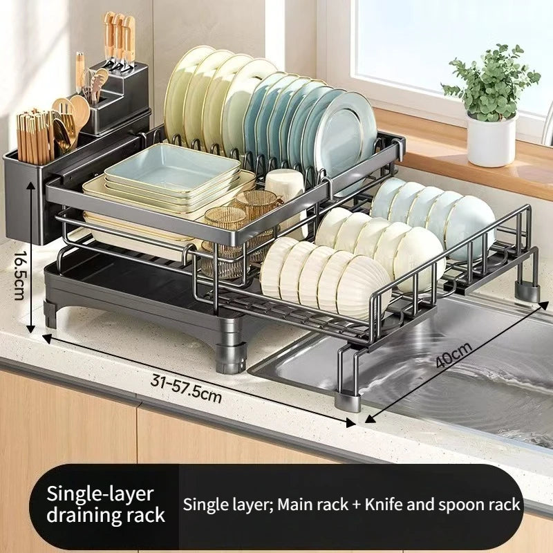 Kitchen Storage Rack, Foldable and Pull-out Cutlery Storage Platform, Double-layer Drain Basket, Bowl and Plate Storage Rack