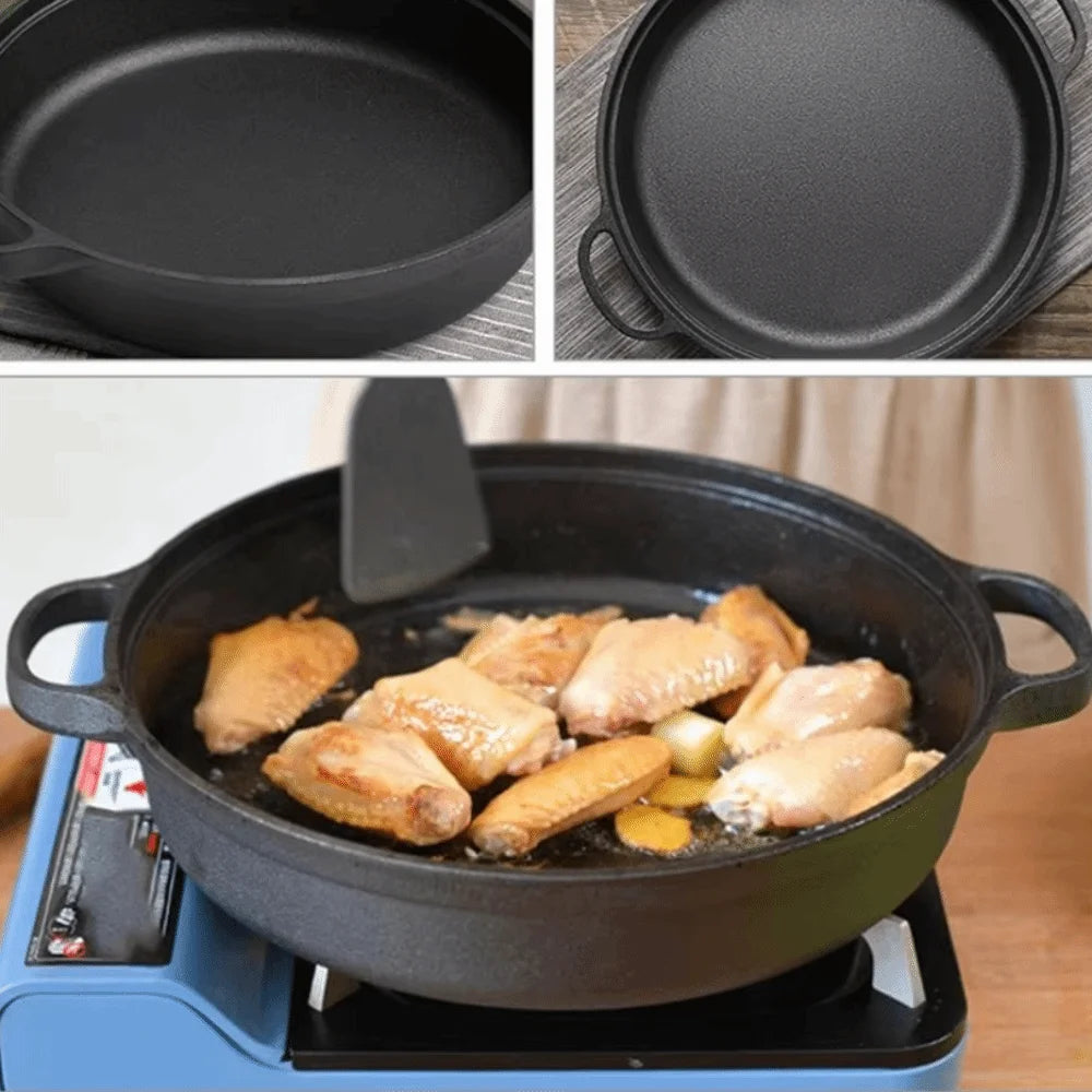 Kitchen Cookware Non-Stick Cast Iron Skillet Flat Bottomed Double Handle Frying Pan Thickened Non-coated Wok Outdoor