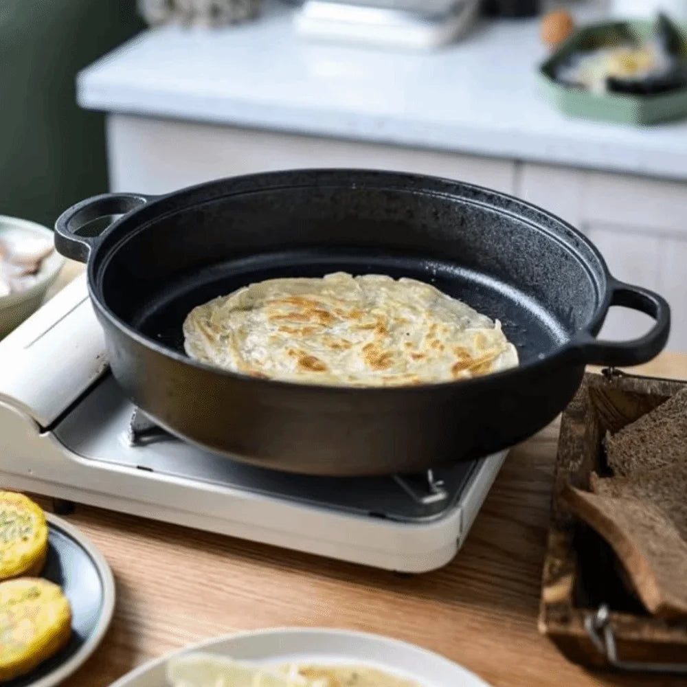 Kitchen Cookware Non-Stick Cast Iron Skillet Flat Bottomed Double Handle Frying Pan Thickened Non-coated Wok Outdoor
