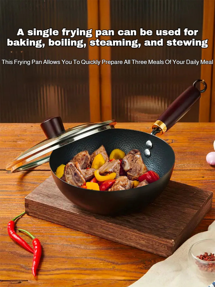 Household Non-stick Pan without Coating - 24cm Mini Wok with Lid,for Kitchen,Easy to Clean,Ideal for Small Meals & Daily