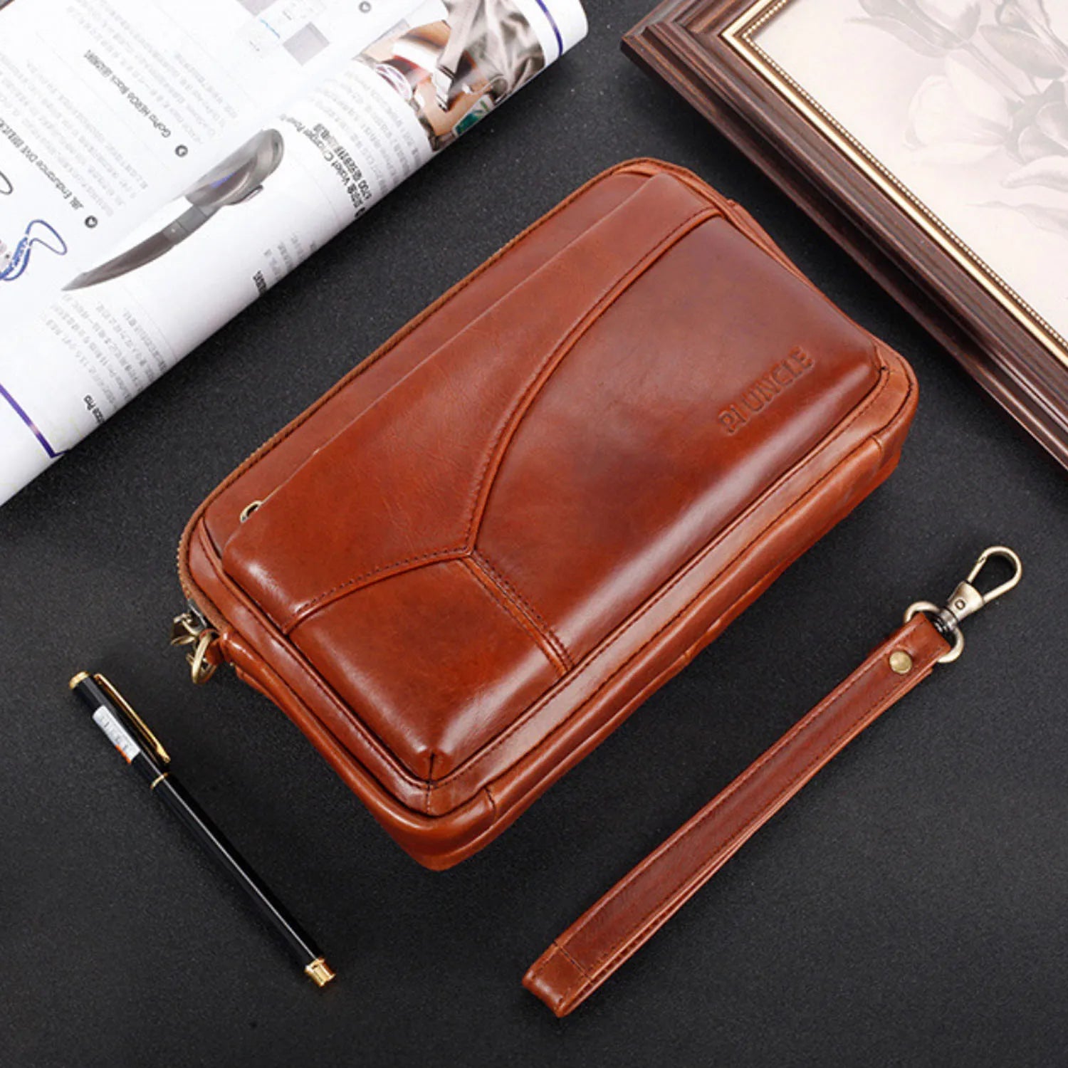 Men's Genuine Leather Fashion Business Clutch Bag, Stylish Retro Wristlet, Coin Purse, Wallet, Work Handbag, Mobile Phone Day Bag, Daily Commute Gift for Husband