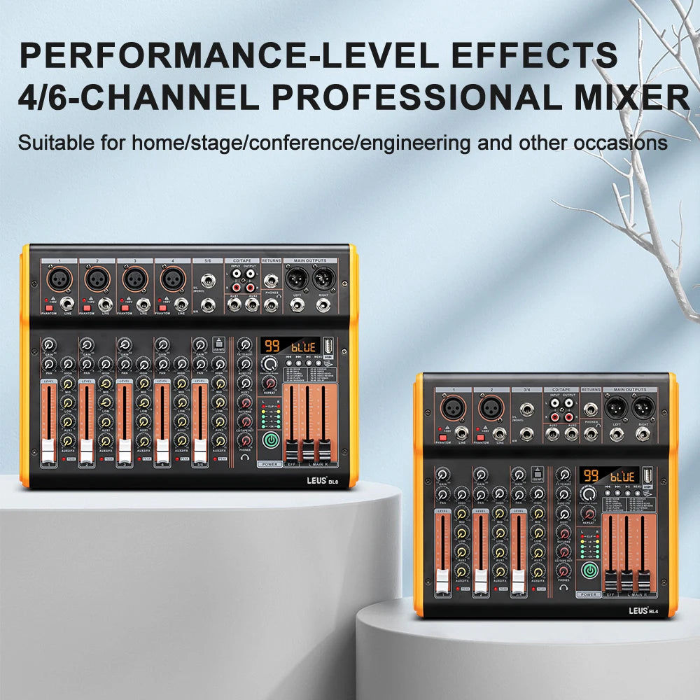 LEUS BL4/6 Channel 99 DSP Effect Audio Mixer Record PC 48V Phantom Power USB Sound Mixers Bluetooth DJ Console Mixing for Karaok