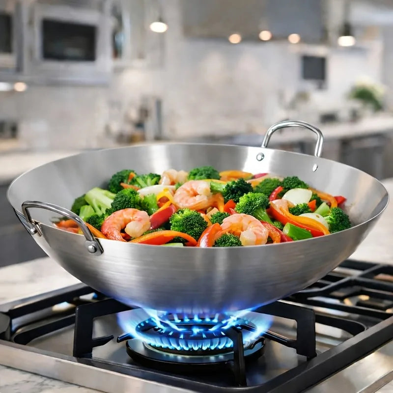 1pc Large Stainless Steel Wok, Uncoated Thick High-Quality Durable Chef'S Pan with Dual Handles, Easy to Clean for Commercial