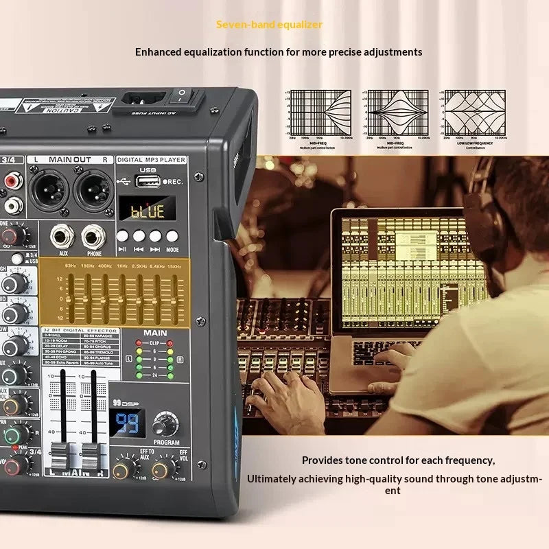 MP3 Mixer with Bluetooth - 99 DSP Effects, 7-Band EQ, 48V Phantom Power, USB Sound Card for Live Streaming Stage Recording