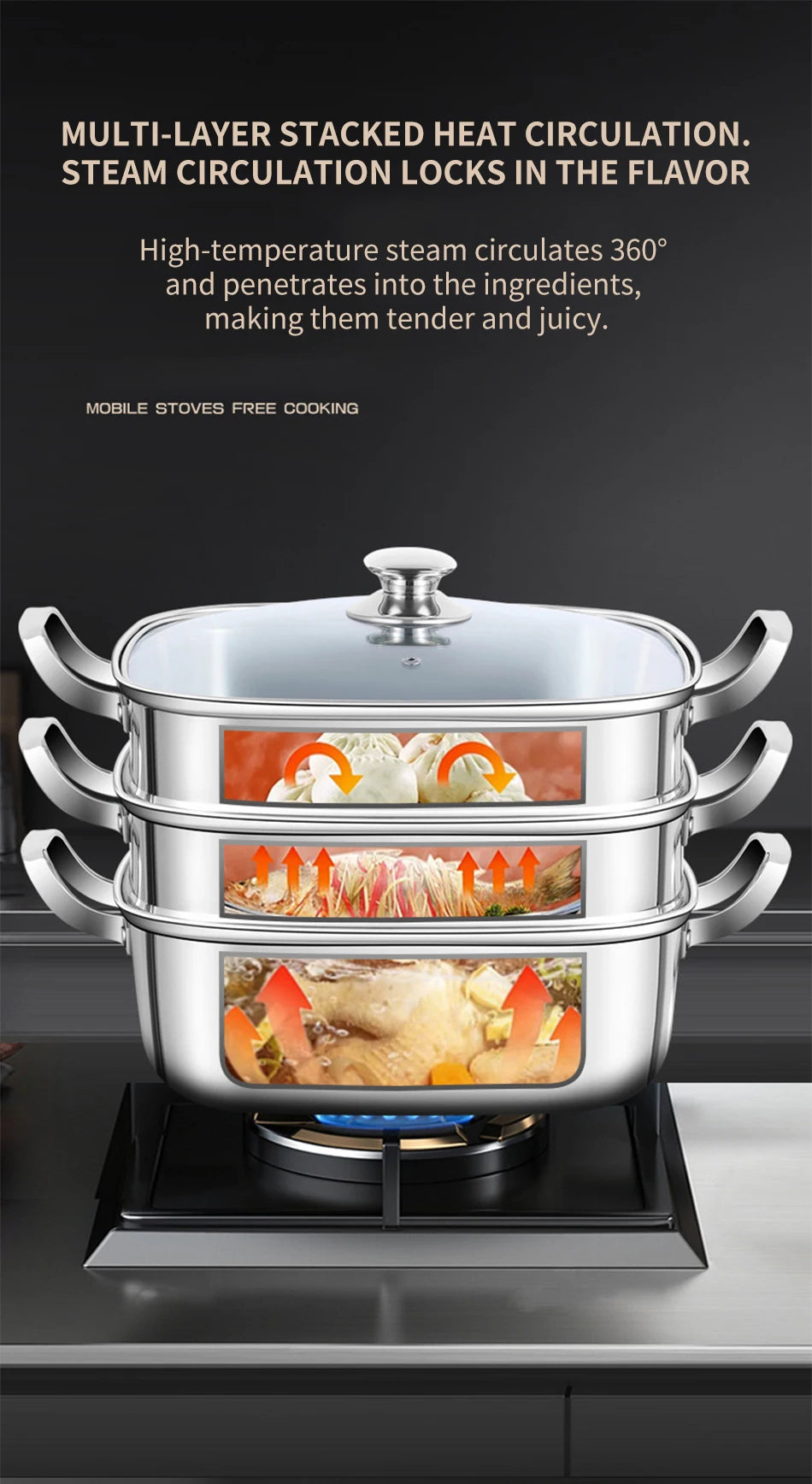Household Square Steamer 316 Stainless Steel Thickened Three-Layer Steamer Tray Multifunctional for Gas & Electromagnetic Use