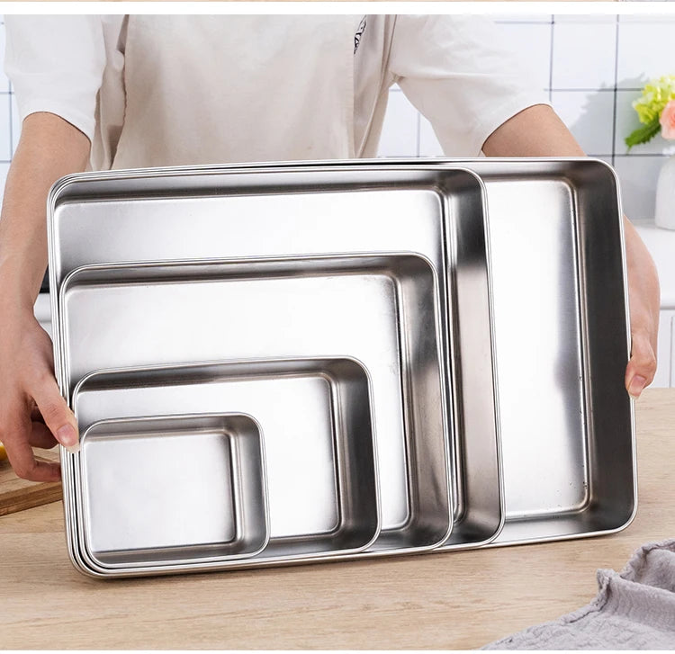 Stainless Steel Thickened Flat Bottom Rectangular Dish with Lid for Baking Steaming Dessert Dish Restaurant Fast Food Platter