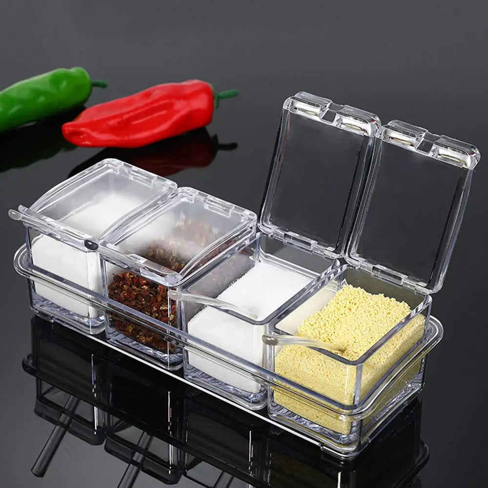 Kitchen Accessories Gourmet Acrylic Seasoning Box with 4 Serving Spoons Spice Jar Set Condiment Cruet Bottle Kitchen Supplies