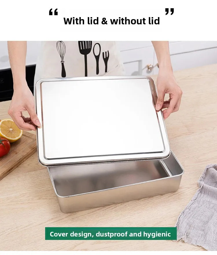 Stainless Steel Thickened Flat Bottom Rectangular Dish with Lid for Baking Steaming Dessert Dish Restaurant Fast Food Platter