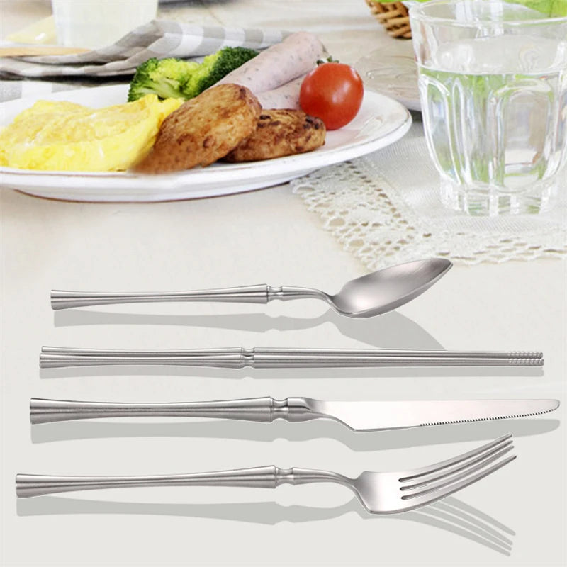 Silver Matte 304 Stainless Steel Cutlery Set Slim Complete Knife Spoon Fork Sets Household Dinner Breakfast Table Accessories