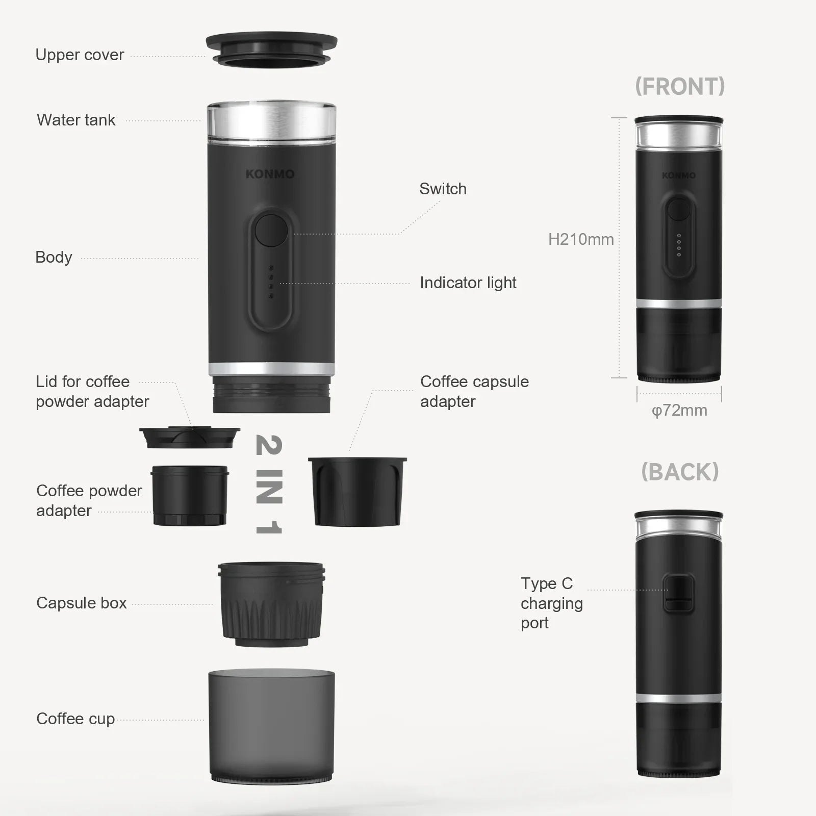 2-In-1 Portable Coffee Maker Fit Capsule Coffee Powder 1800mAh Battery for Outdoor Camping Travel Hotel Office