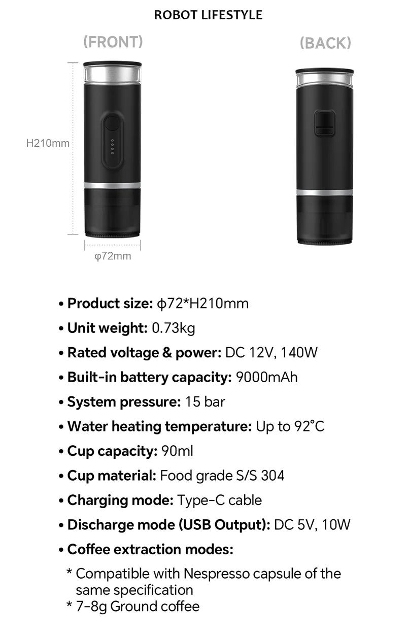 Portable Coffee Maker with 2-In-1 System Heating Water  Large-capacity Battery 9000mAh  for Outdoor Camping Travel  Hotel Office