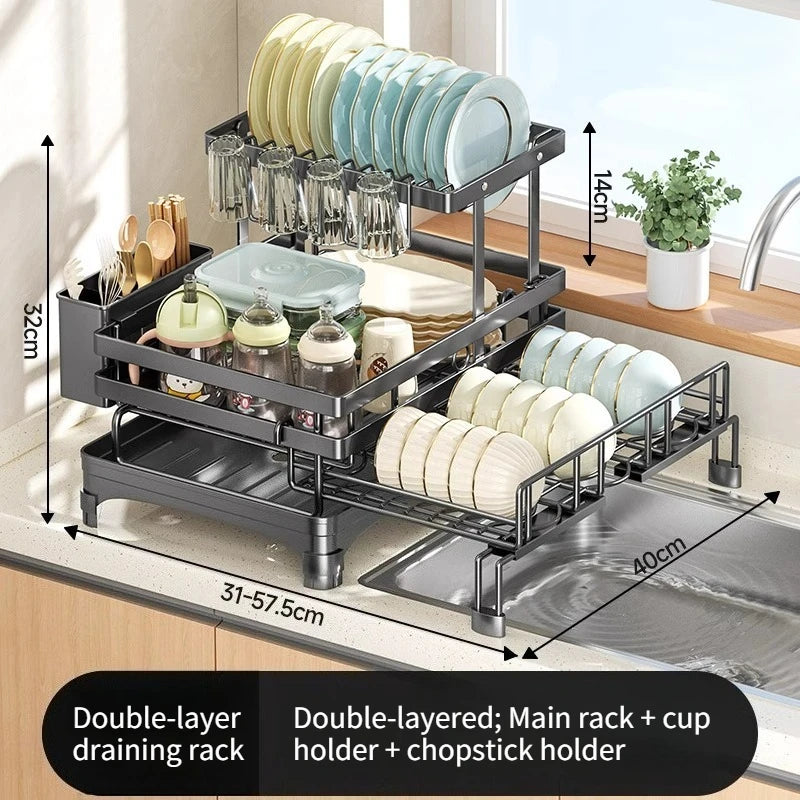 Kitchen Storage Rack, Foldable and Pull-out Cutlery Storage Platform, Double-layer Drain Basket, Bowl and Plate Storage Rack
