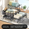 Kitchen Storage Rack, Foldable and Pull-out Cutlery Storage Platform, Double-layer Drain Basket, Bowl and Plate Storage Rack