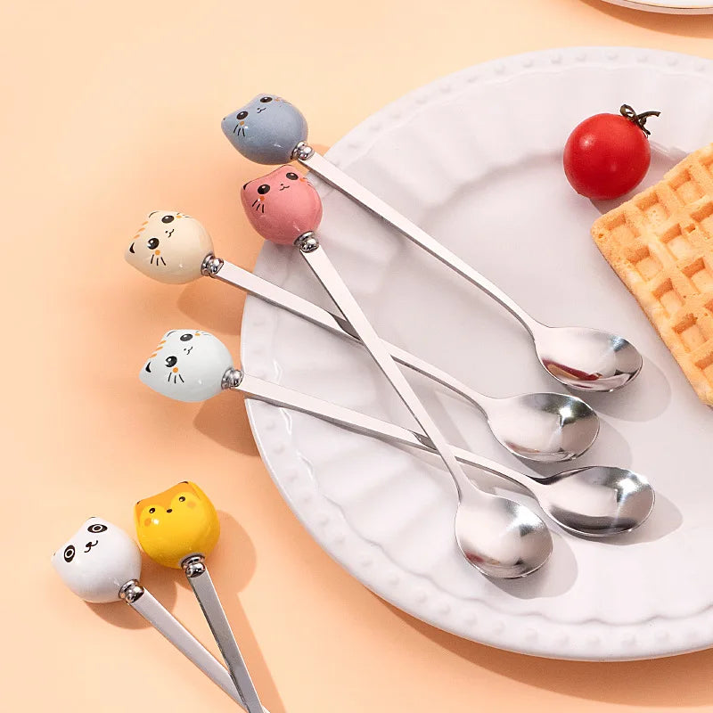 Coffee and Dessert Spoons Flatware Kitchen Tools Ice Cream Cartoon Stirring Spoon Stainless Steel Long Cat Handle Ceramic Spoon