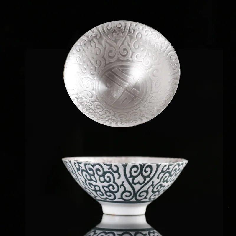 75ML Pure Silver Tea Cup Ceramic Ware Inlaid with Silver Tea Bowl