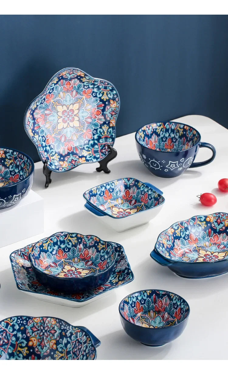 Bohemia Ceramic Rice Bowl Serving Plate Creative Ceramic Cutlery Soup Noodle Bowl Household Handle Bowl Sauce Dish