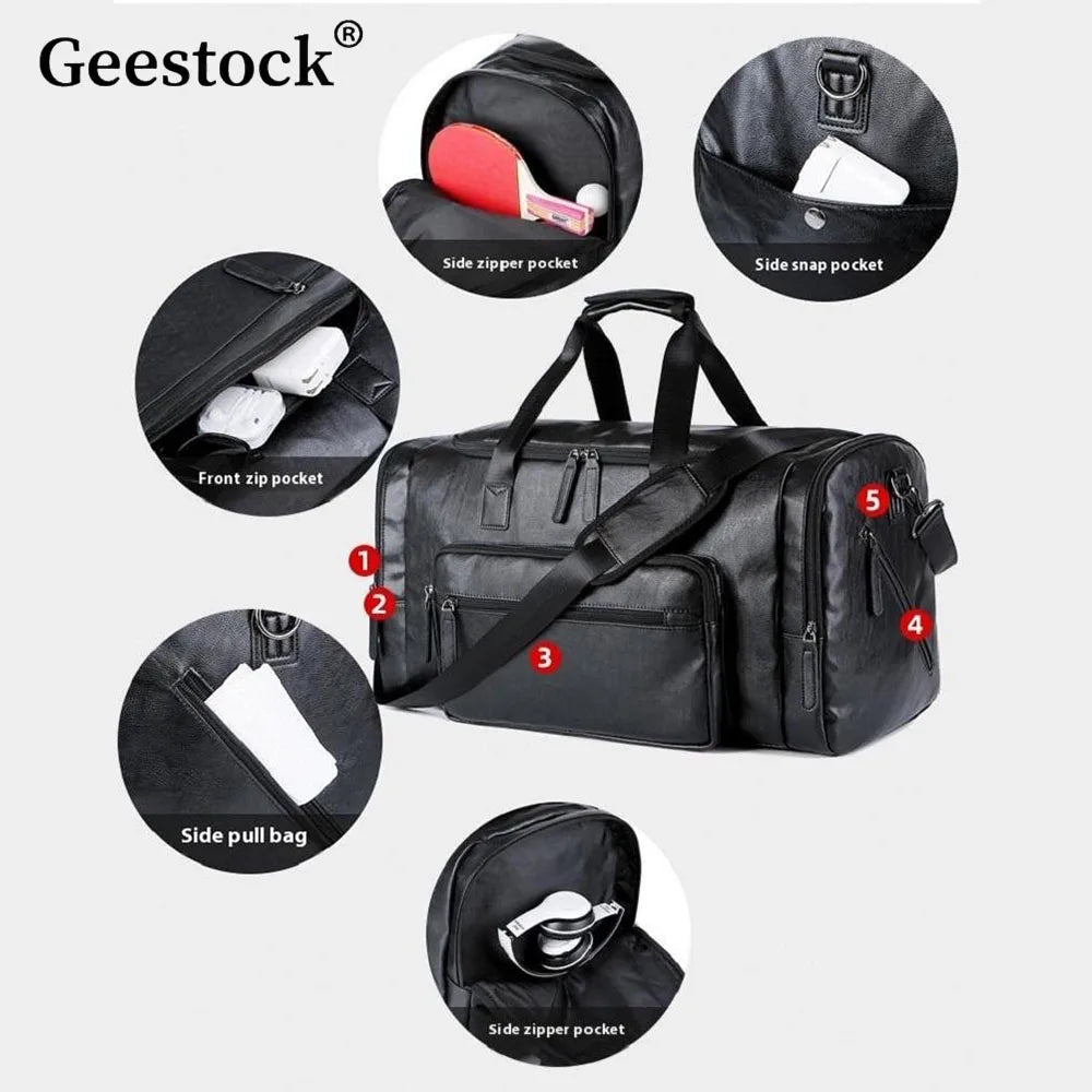 Geestock Business Men PU Leather Gym Duffel Bag Large Capacity Sports Travel Tote Handbag For Male Fitness Vintage Luggage Bag