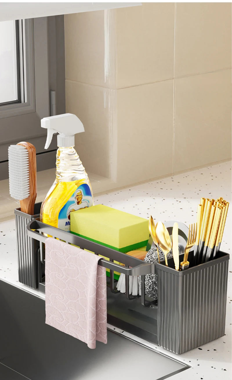Kitchen Cleaning Tools Storage Rack Cleaning Sponge Cleaner Drainage Rack Plastic Multifunctional Dishcloth Rod Cutlery Holder