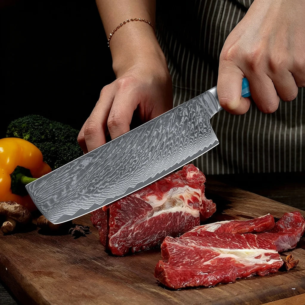 Kitchen Knives-Set Damascus Steel Cleaver Knife Nakiri Knife Meat Vegetable Blue Resin Handle set