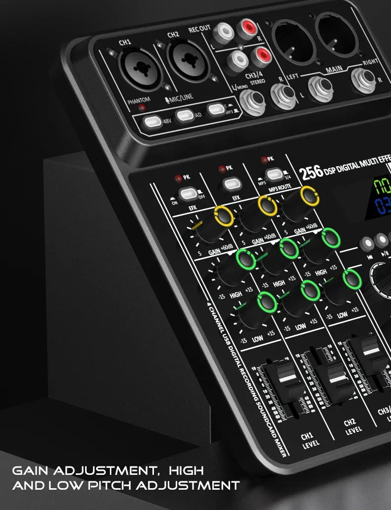 Audio Interface Mixer with Bluetooth USB Recording Computer 48V Phantom Power Delay Replay Effects, 4-Channel Audio Mixer ﻿