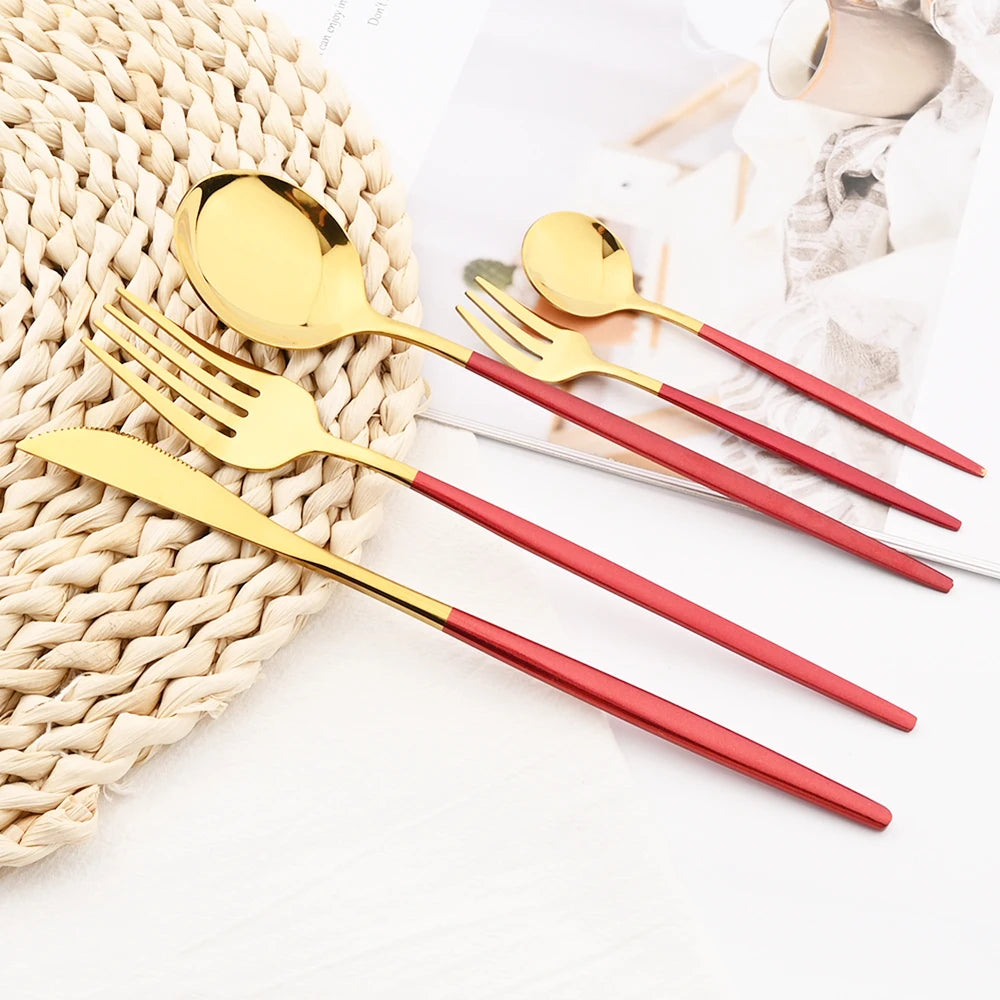 30Pcs White Gold Cutlery Set Stainless Steel Tableware Knife Cake Fork Spoon Dinnerware Set Kitchen Flatware Silverware