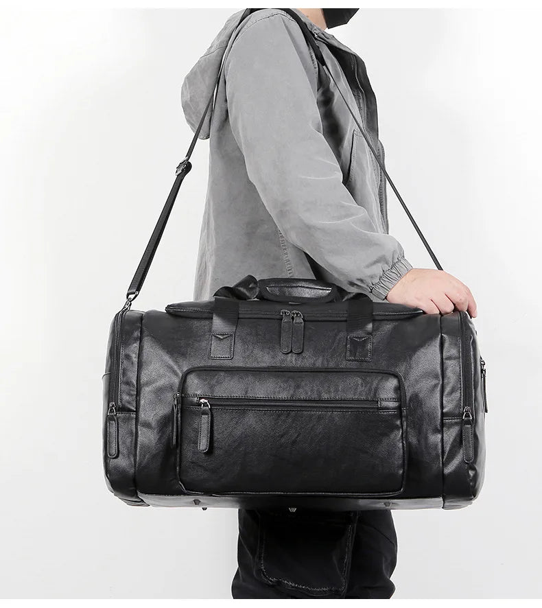 Geestock Business Men PU Leather Gym Duffel Bag Large Capacity Sports Travel Tote Handbag For Male Fitness Vintage Luggage Bag