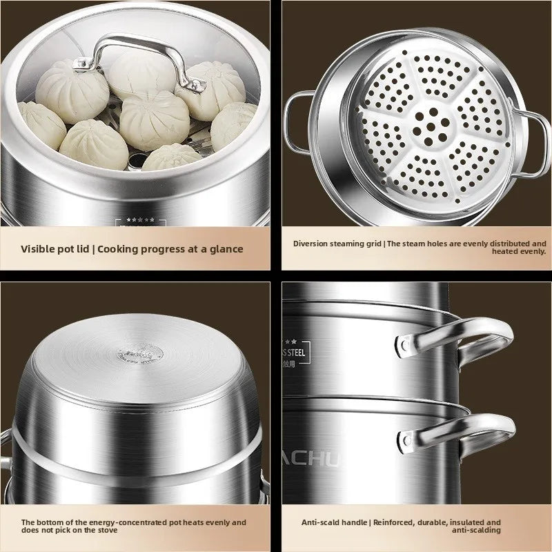 Household 304 stainless steel steamer -thick bottom, large capacity, dual-layer and triple-layer multi-functional universal type