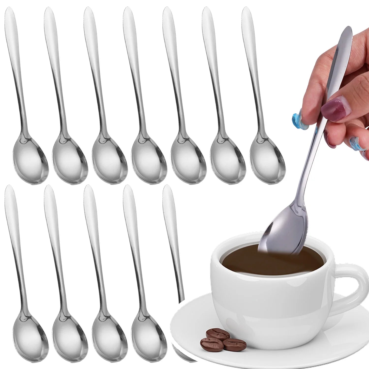 Silver Long Handle Stirring Dessert Spoons Stainless Steel Coffee Spoon Dessert Seasoning Tools Home Kitchen Accessories