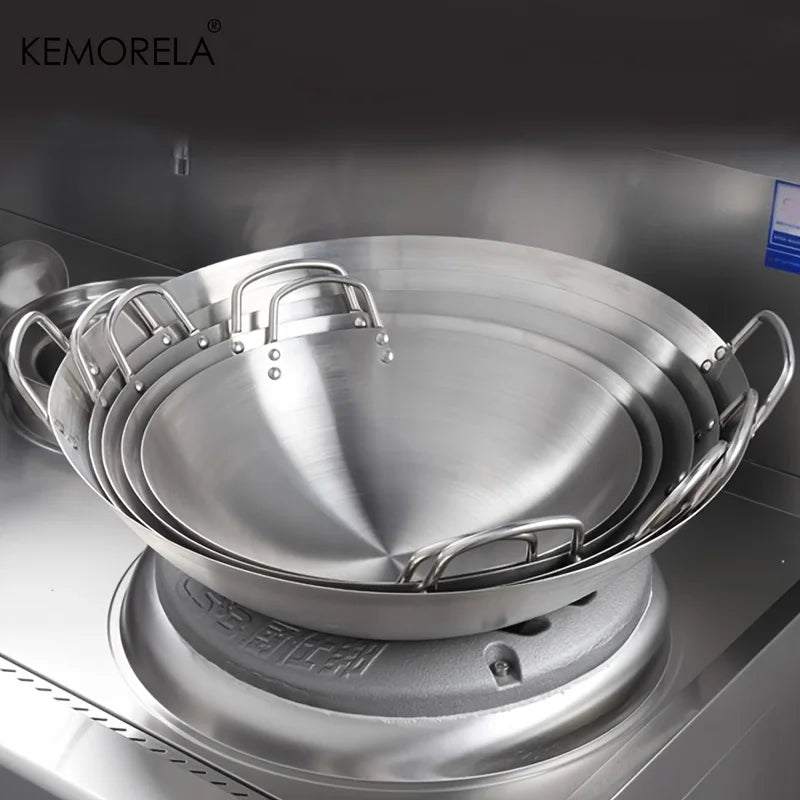 1PCS Stainless Steel Wok Uncoated 26/28/30/32/34cm High Quality Double Handle Chef Pan Suitable for Home Stir-fried beef Cooking
