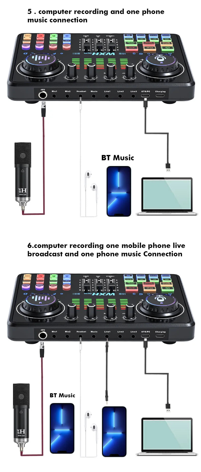 Dj20 Sound Card Studio Mixer WXH520 Noise Reduction Microphone Singing Voice Live Broadcast Phone Computer Record USB Sound Set