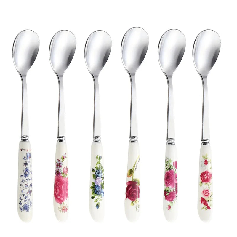 6pcs Stainless Steel Coffee Spoons With Ceramic Handles - Perfect For Mixing, Sugar, Ice Cream Kitchen & Dining Accessories