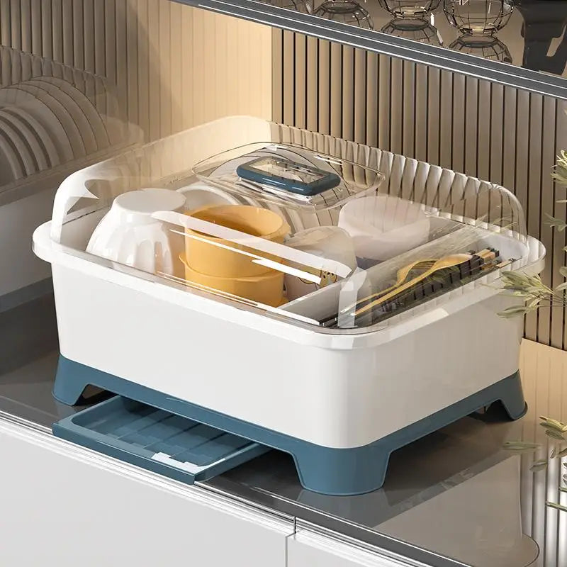 Multifunctional Kitchen Storage Rack Dishware Drain Basket Cover Included Utensil Storage Box Plastic Kitchen Organizer